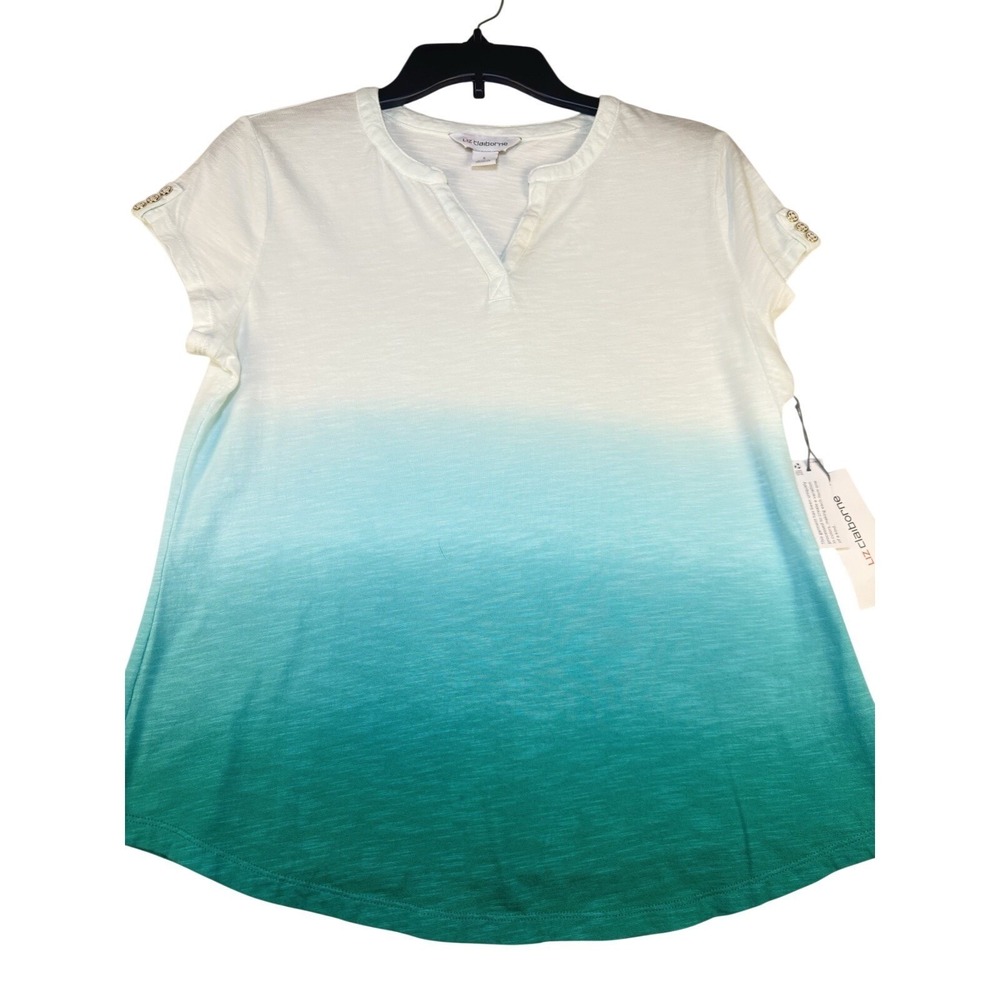 Liz Claiborne Ombre Short Sleeve Top Women's Small Blue Green Split Neck NWT
